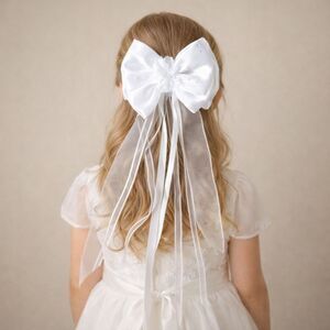 Girls Hair Bow Clip Kids Long Ribbon Soft Satin Classic Communion White